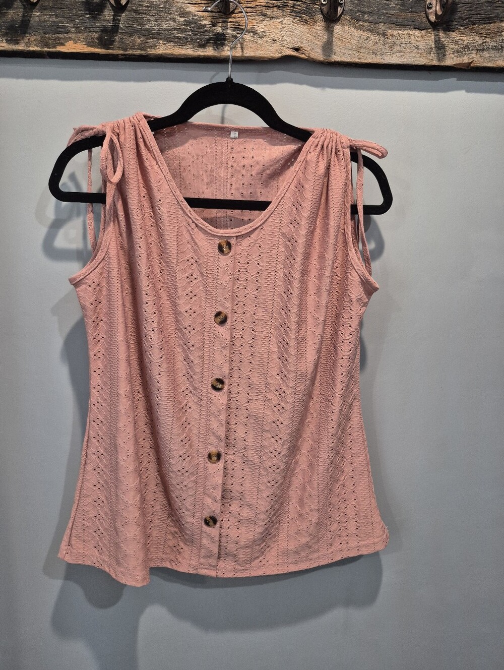 Dusty Rose Eyelet Button Tank Top Pink Knit Tie-Shoulder Tank Cami Large Womens